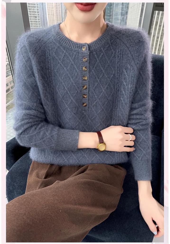 Lekasha 100% Cashmere Mink Velvet Seven-Button Cable Knit Sweater