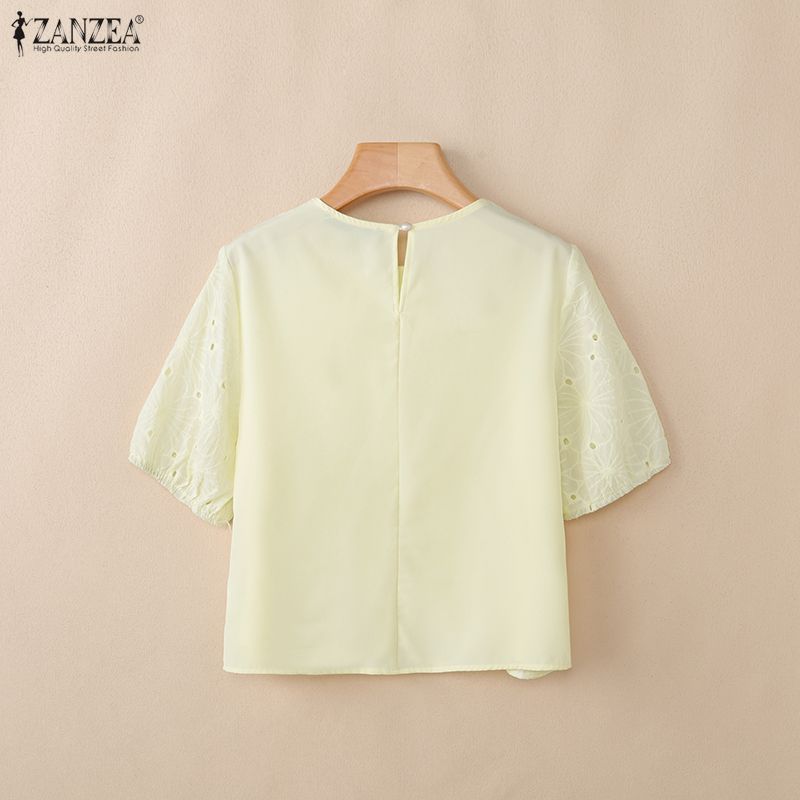 ZANZEA Women Casual Round Neck Lace Crochet Patchwork Summer Short Sleeve Blouse