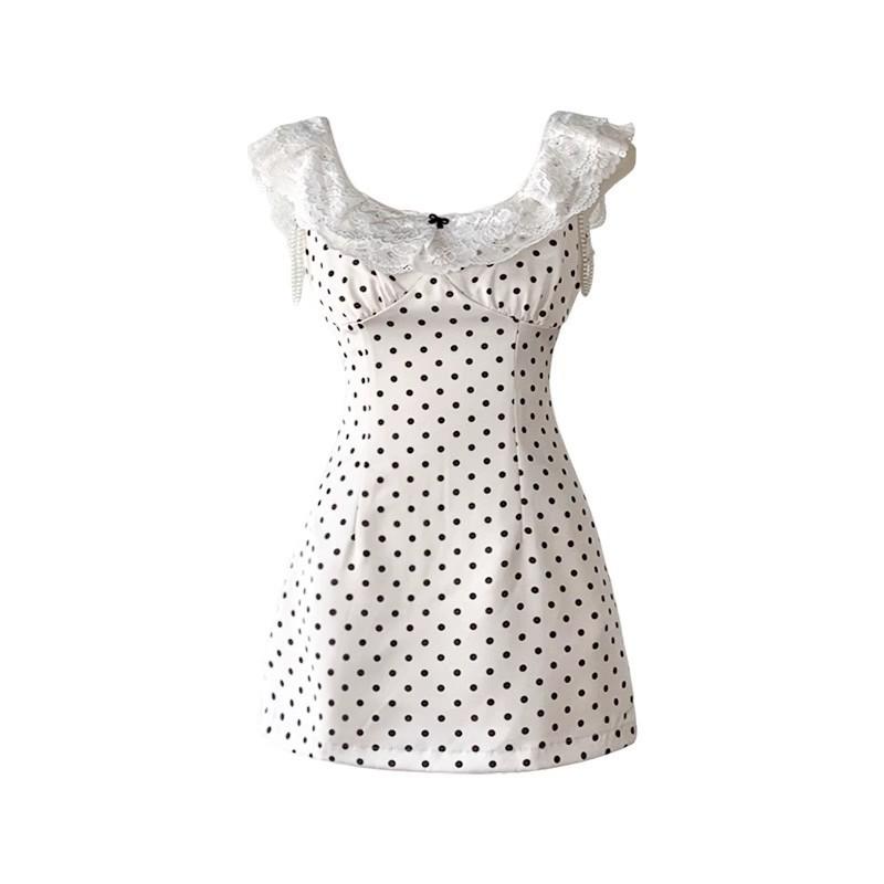 Polka Dot French Suspender Dress Summer Skirt Cookies New Mousse Small Lace Sweet Waist Skirt