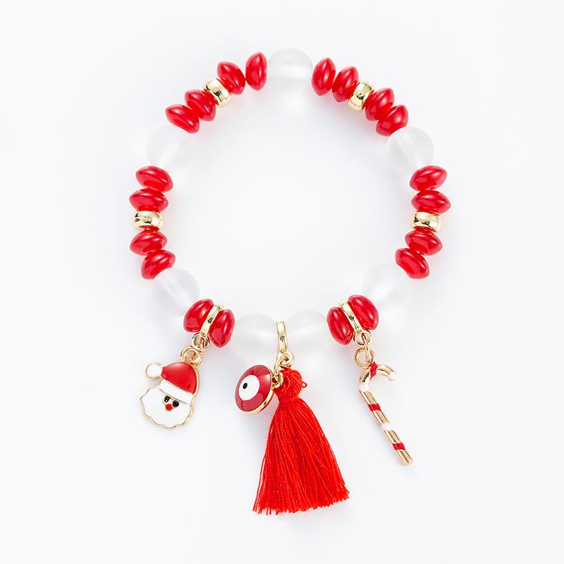 Christmas Theme Charm Bracelet Red White Beaded with Santa Claus Candy Pendant Festive Jewelry