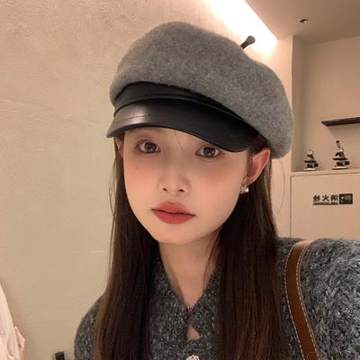 Simple PU Leather Brim Octagonal Hat Women's Autumn and Winter Woolen Peaked Cap Versatile Newsboy Hat
