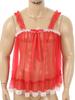 Mens Sheer Mesh Camisole Ruffled Straps Bow Accent Lace Trim Crossdressing Slip Top Clubwear