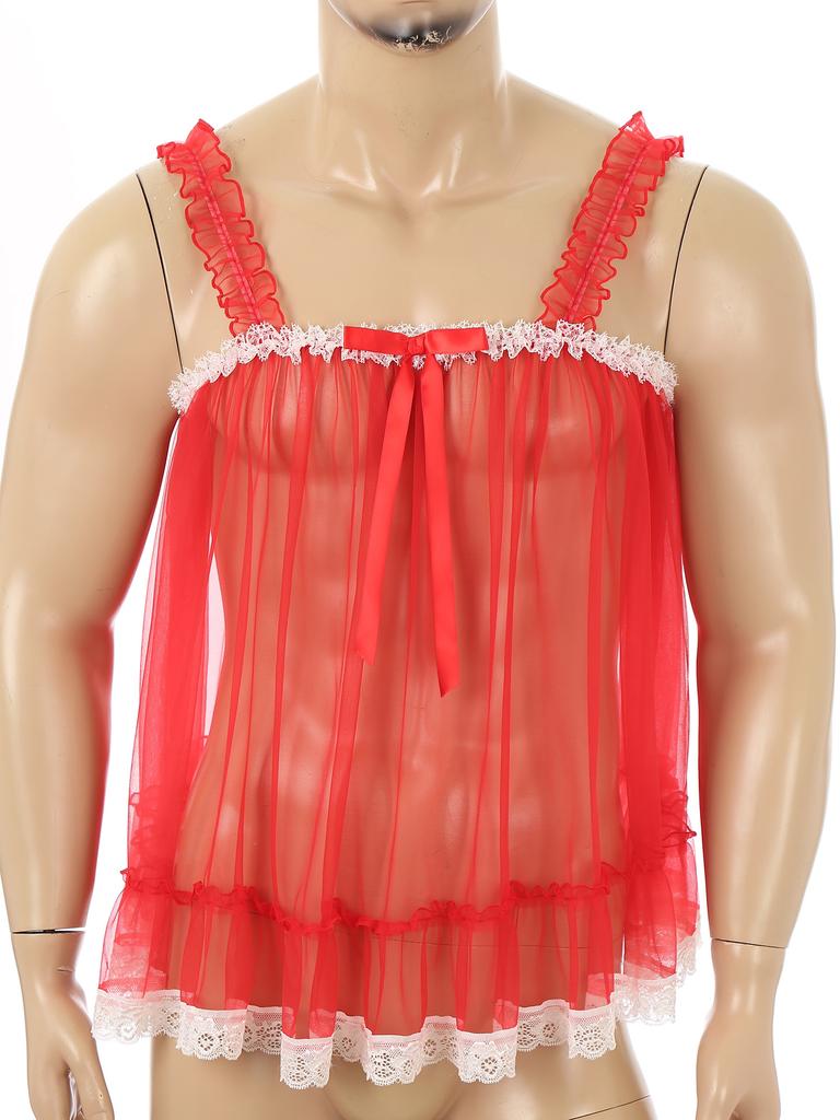 Mens Sheer Mesh Camisole Ruffled Straps Bow Accent Lace Trim Crossdressing Slip Top Clubwear