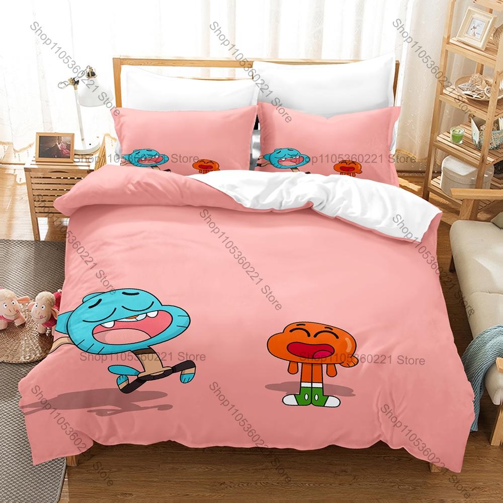 Úžasný svět Gumballa Gumball a Darwin HD Tisk Povlečení Přikrývka + 2 Povlaky na polštář Polyester Dekorace do pokoje pro kluky a dívky