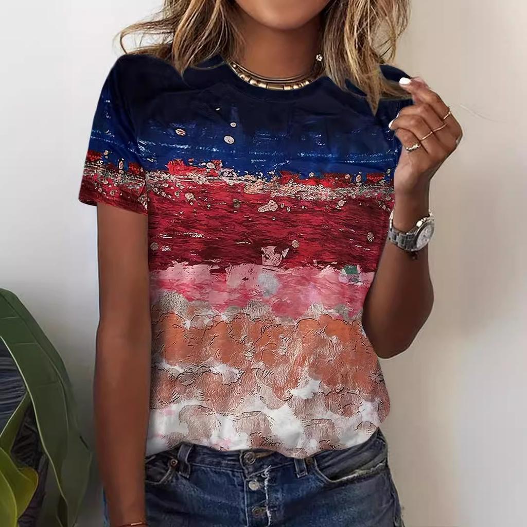 3D Digital Printing T Shirts Women's Irregular Round Neck Short Sleeved T-shirt