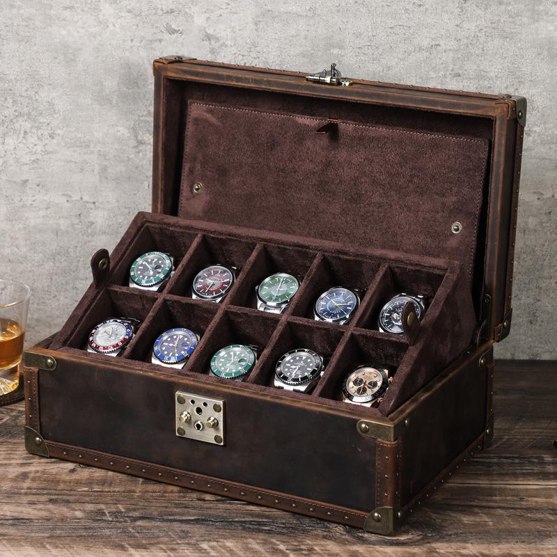 Handmade Retro Crazy Horse Leather Watch Display & Collection Box - Ten-Slot Drop-Proof Design