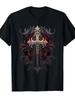 Short-Sleeved T-Shirt Featuring Gothic Cross Design with Intricate Filigree Crafted From High-Q