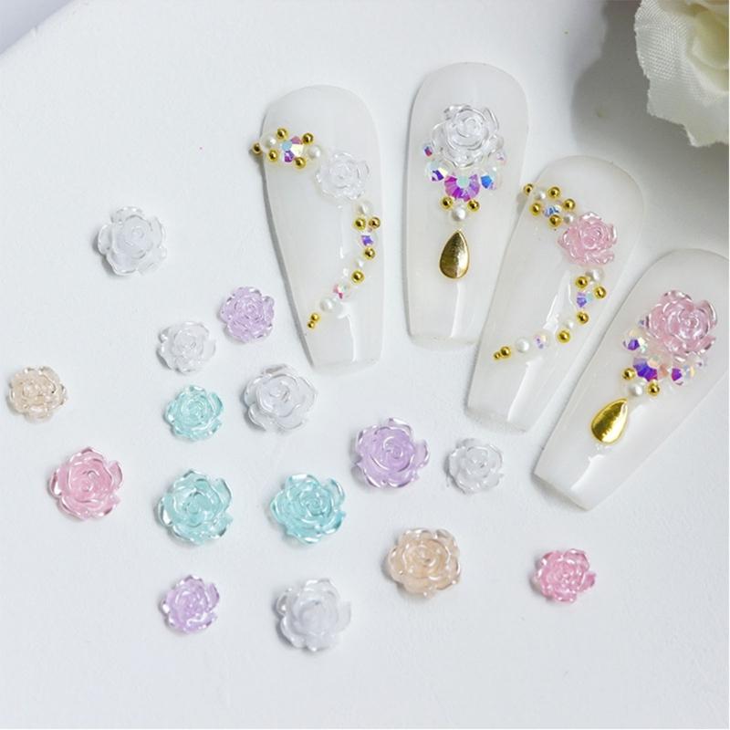 50Pcs Rose Flower Nail Art Decorations with Mini Pearls Resin Flower Nail Art Charms for DIY Acrylic Nails Bride Nail