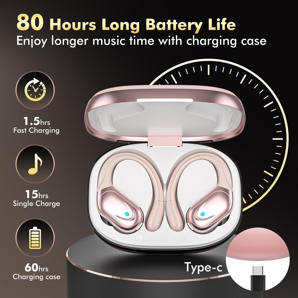 Bluetooth Wireless Earbuds [2025 Bluetooth Earbuds] Bluetooth 5.3 ENC Noise Cancelling, 80 Hours of Playback, IPX7 Waterproof, Ear Hook Design, Auto