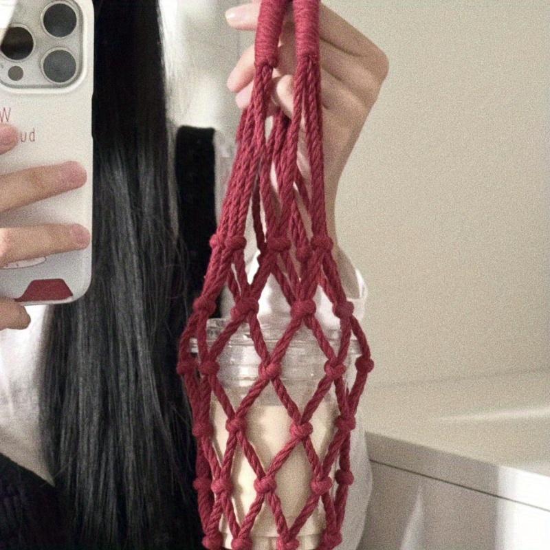 

Crochet Cup Holder Net Bag Cup Cover Hollow Out Woven Water Bottle Coffee Holder Mug Bags Portable Carrying Bag красный