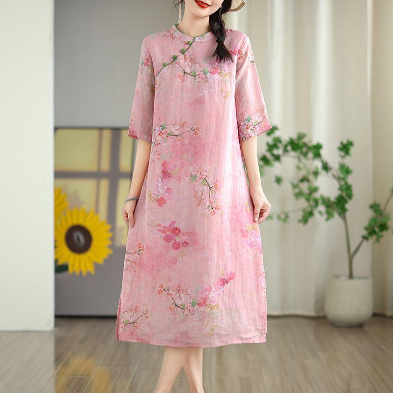 Chinese Style Retro Improved Hanfu Dress Art Ramie Printed Cheongsam Zen Dress National Style  Qipao Women