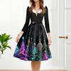 Christmas Print Flare Dress For Women Long Sleeve Dress Hollow Party Casual Dresses