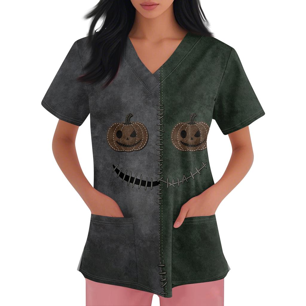 Women's Halloween Print Short Sleeve V-Neck Scrub Top with Pocket