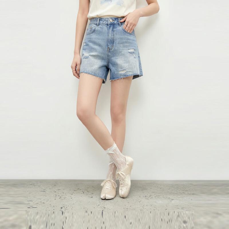 Women s Retro Washed High-Waist Raw Hem Denim Shorts S