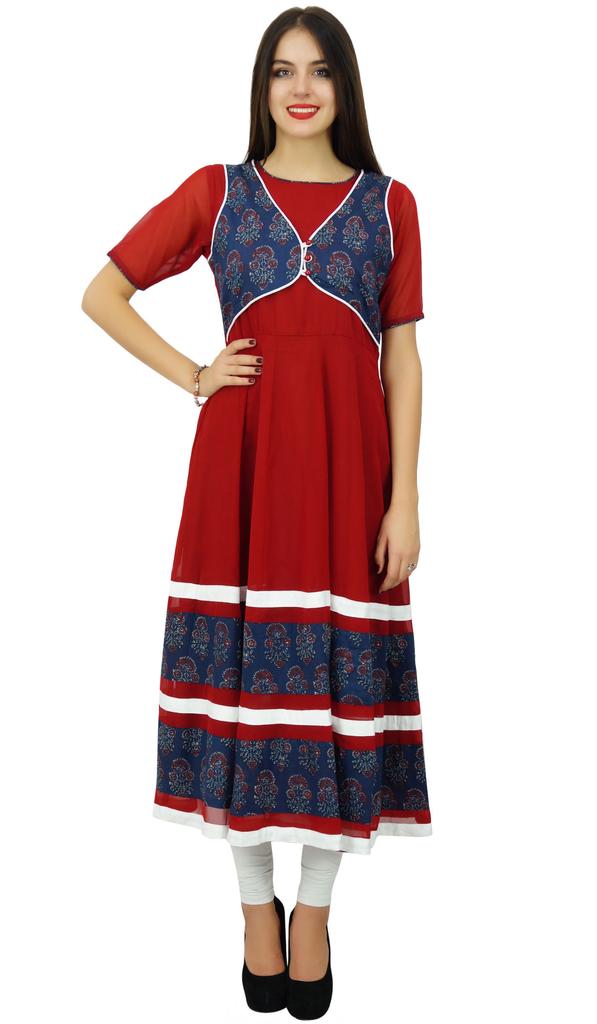 Bimba Women Long Georgette Printed Kurta Flaired Maroon Party Wear Kurti