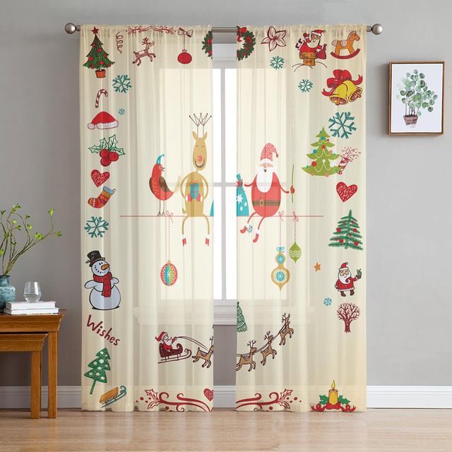 Christmas Elk Cartoon Gift Tulle Curtains For Living Room Decoration Modern Chiffon Sheer Voile Kitchen Curtain
