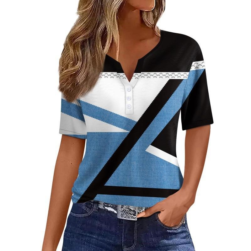 Print Short Sleeve European Style Women Clothing T-Shirt V-Neck