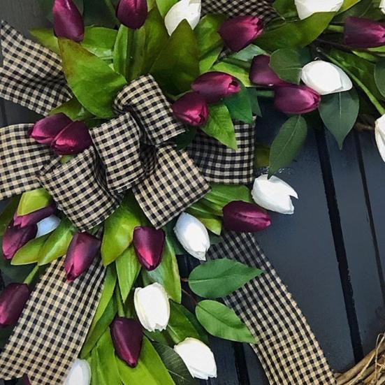Tulip Wreath for Front Door Spring Artificial Tulip Rattan Wreath with Green Leaves And Plaid Bow for Farmhouse Wall Window Easter Home Decor
