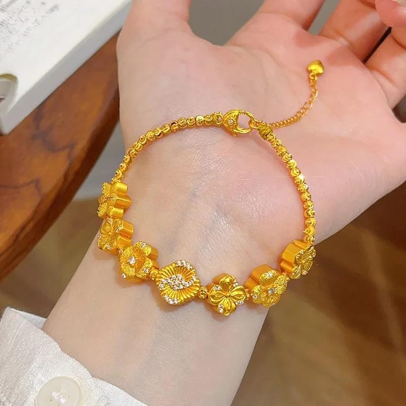 9999 24K Real Gold Dot Diamond Brushed Streamer Bead Bracelet with Flowers Blooming Flowers and Bracelets for Girlfriend