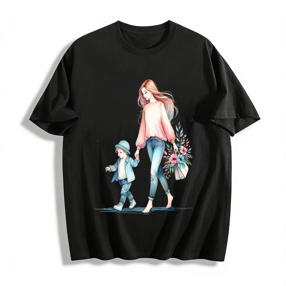 Floral Mom And Kid Holding Hands Print Casual Top Pure cotton T-shirt XXS