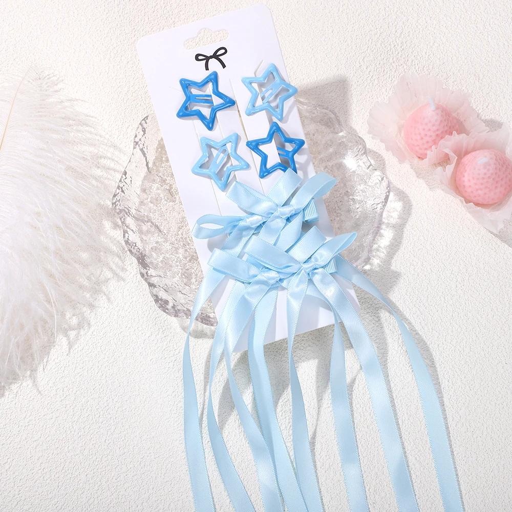 6pcs/set Y2k Star Snap Hair Clips with Long Ribbon Bowknot Barrettes for Women Girls Double Ponytail Headwear Hair Accessories