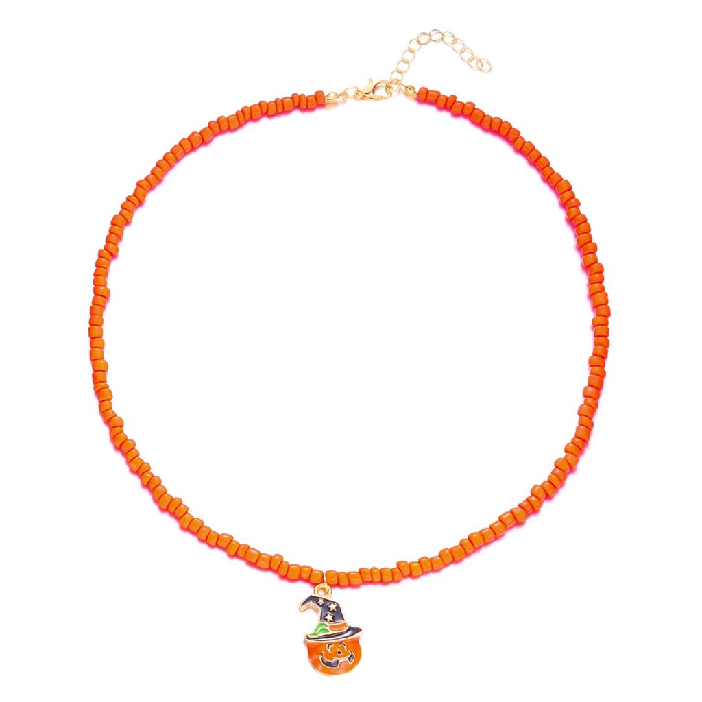 Halloween Kleidung Hexenhut Kürbis Anhänger Halskette Minimalistische Orange Reiskorn Perlenkette Choker Für Frauen Männer Gothic Party Schmuck