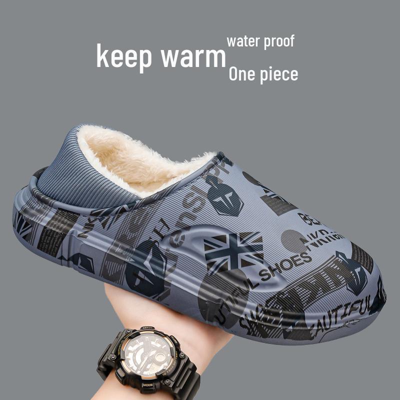 Men's Winter Waterproof Fleece-Lined Cotton Slippers - Plus Size, Dual-Use, Wrap-Heel, Half-Slippers for Outdoor & Home Use