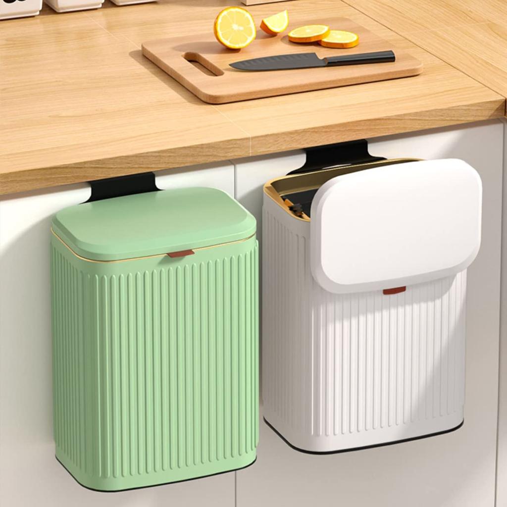 Wall Hanging Trash Can with Lid 8L Kitchen Cabinet Trash Can Stainless Steel Hanging Trash Can with Inner Bucket Kitchen Trash Can (White)