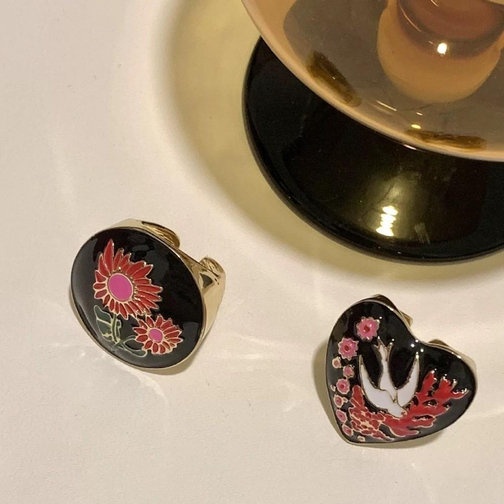 Schöner Luxus Retro Tropfölring Vintage Herz Emaille Ring Schwalbe Blume Klobiger Ring Dekoration