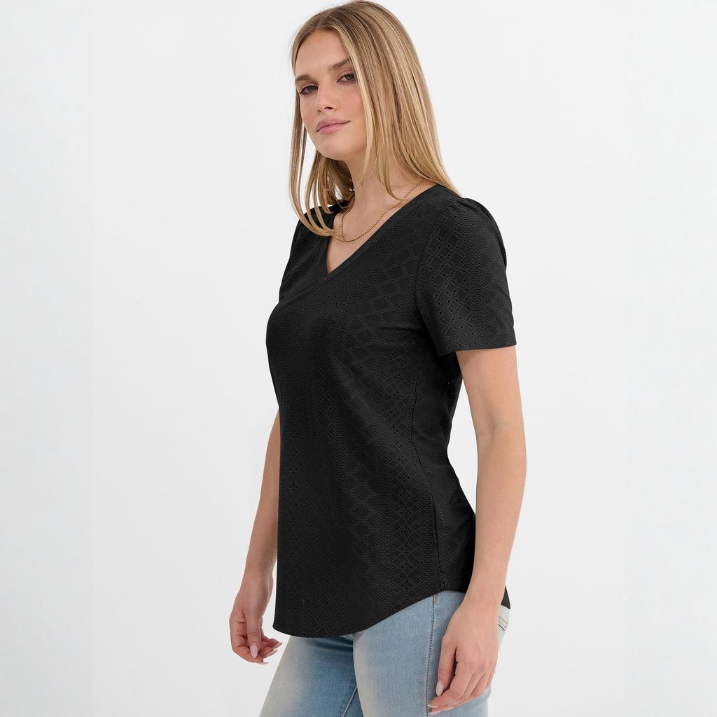 Women's Jacquarded V-neck Top T-shirt Short Sleeve Versatile Hollow Top