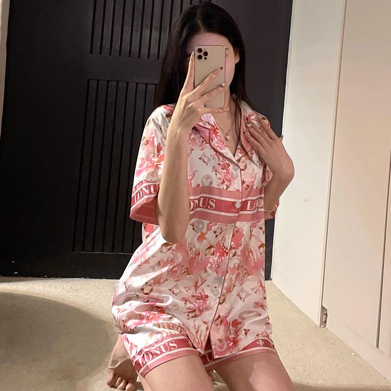 Summer Lapel Cardigan Pajamas Women'S Floral Letter Print Short-Sleeved Shorts Ice Silk Suit Loungewear