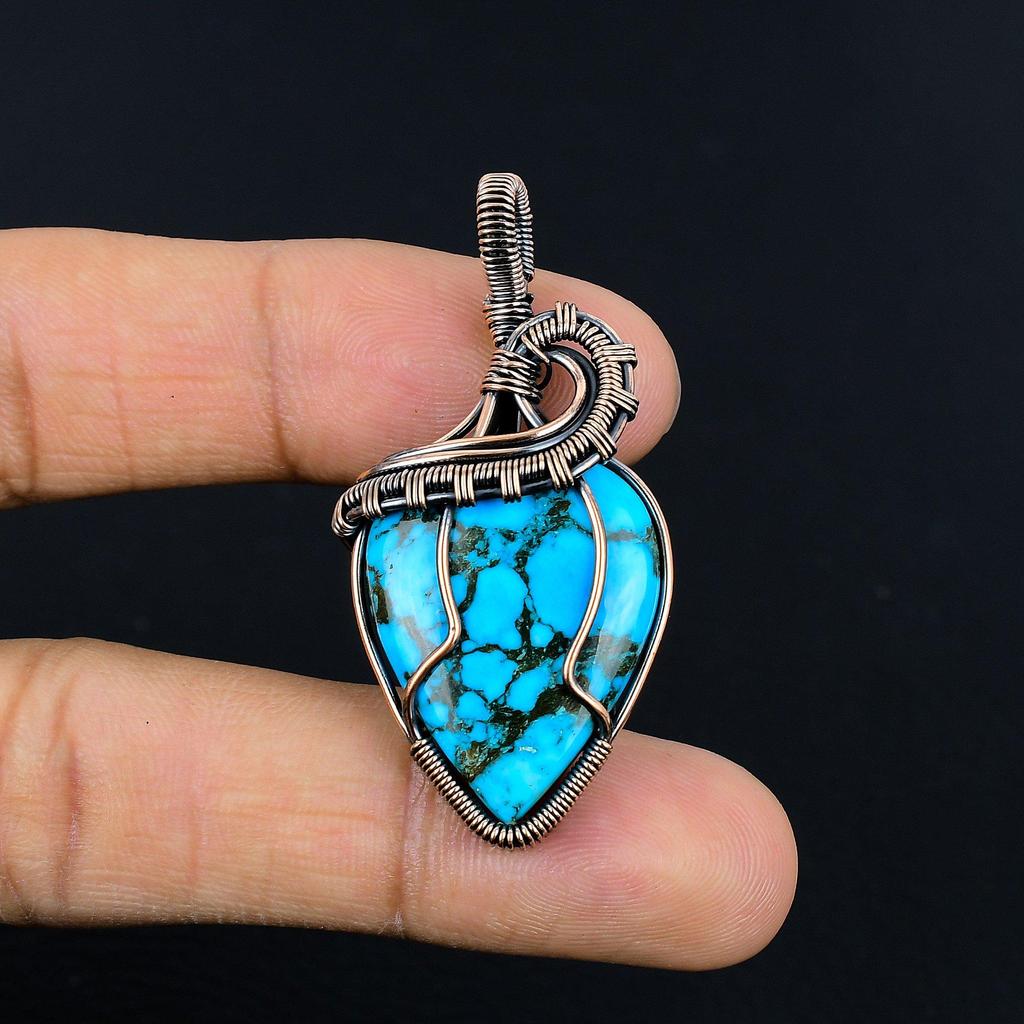 Tibetan Turquoise Pendant, 999 Copper Wire Wrapped Gemstone Jewelry, Handmade Pendant, For Thanksgiving