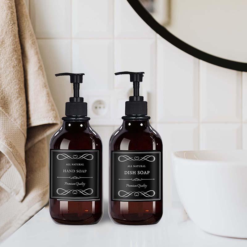 500ML/16.9OZ 2PCS Shampoo Body Wash Dispenser Hand Soap and Dish Soap Dispenser with Pump Soap Bathroom Bottle with 6 Waterproof Labels
