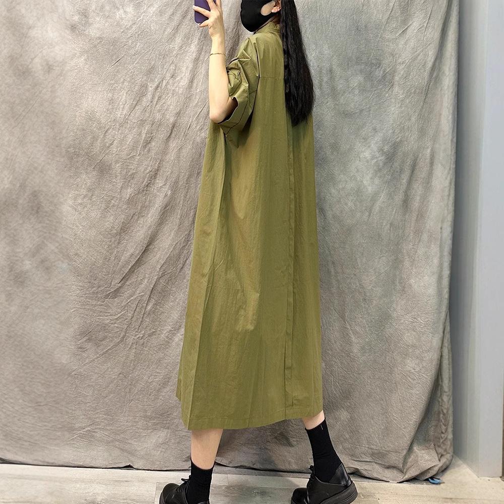 Lapel Short-sleeved Casual Dress Women's 2025 New Summer Large Size Loose Temperament Fashion Solid Color Medium and Long Dress