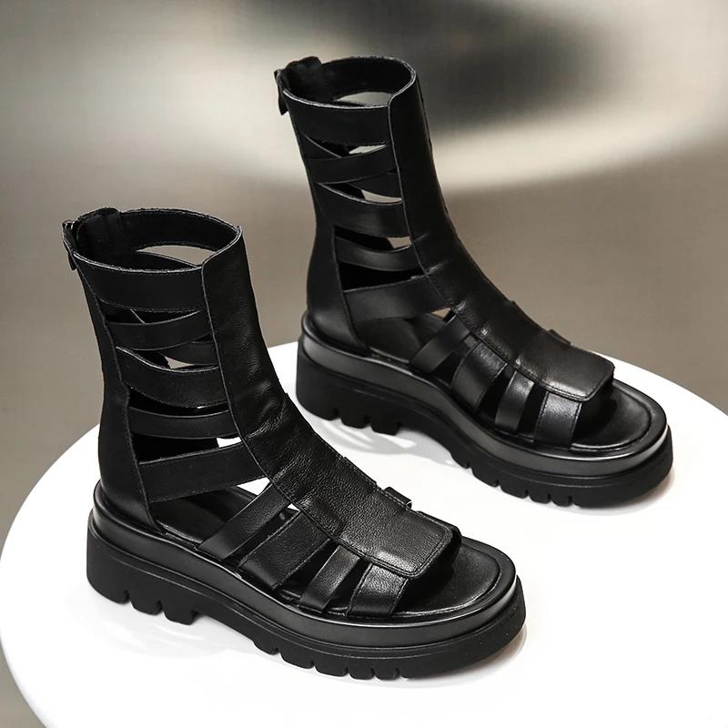 Summer New Women's Peep Toe Roman Best Seller Sandals Back Zipper Fashion Solid Platform Cut-Out Casual High Boots