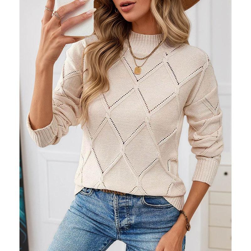 European and American Foreign Trade Women's Sweater, Solid Color Rhombus Hollow Round Neck Pullover Knitted Sweater Top Women