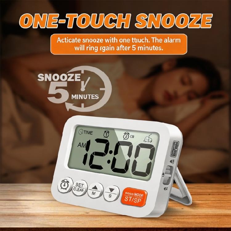 Digital Alarm Clock with 99:59 Down Count, Two Alarm Functions, Foldout Stand and Wall Hanging for Kitchen Office Use Daily Indoors