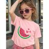 Girl's Short-Sleeve Watermelon Print T-Shirt with Cute Heart Pattern, Summer Baby Top