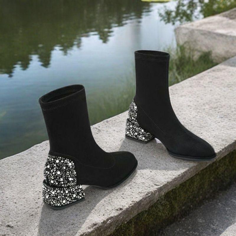 Fashion Versatile Square Head Thin Boots Elegant Pearl Rhinestone Thick Heel Suede Single Boots Women's Short Boots 2025 Autumn and Winter New