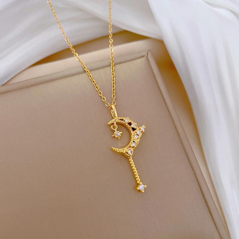 Star Moon Tassel Light Luxury Temperament Gorgeous Full Diamond Necklace Female Versatile Collarbone Chain Titanium Steel Chain