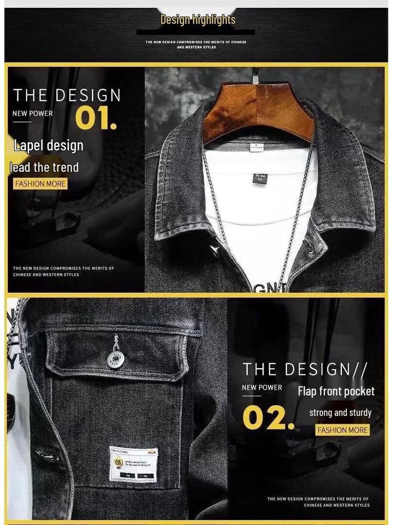 Tide Men's Denim Jacket - European & American Slim Fit, Turn-Down Collar, Black Spring/Autumn Casual Style