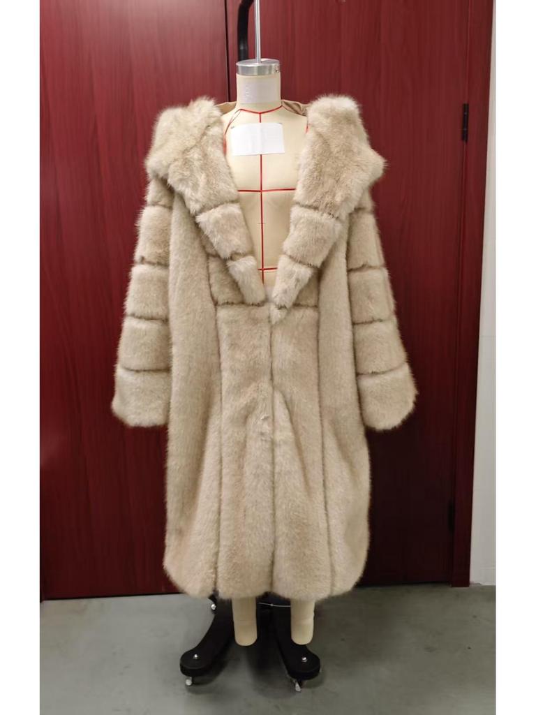 2023 Women's Mid-Length Hooded Faux Fur Coat - European & American Style for Autumn/Winter
