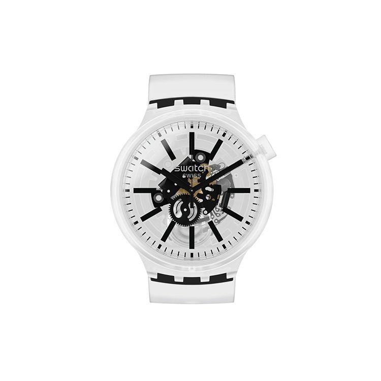 Swatch Earth Series Quartz Movement Water Resistant Skeleton Dial Watch 47mm Plastic Case Silicone Strap Women Watches SO27E101 Black White Watch Dial