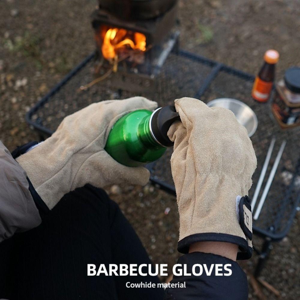 1 Pair Cowhide Leather Barbecue Gloves Durable Thicken Camping Mittens Anti Slip Heat Resistant Cooking Oven Mitts Outdoor