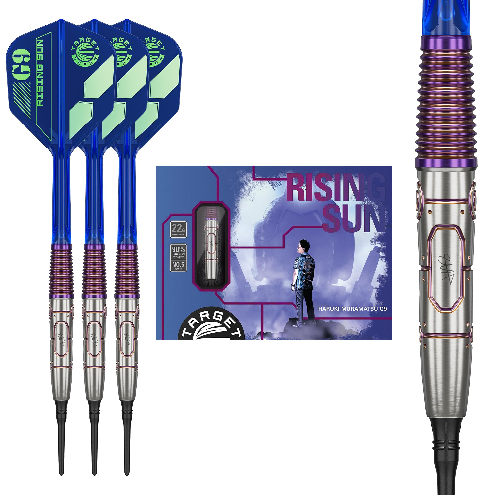 

Target Japan Rising Sun G9 95% Tungsten K-Flex No.5 Soft Tip Dart Set, 22G | Rising Sun G9 K-Flex No.6 Shape Flights and Shafts, Black No.5