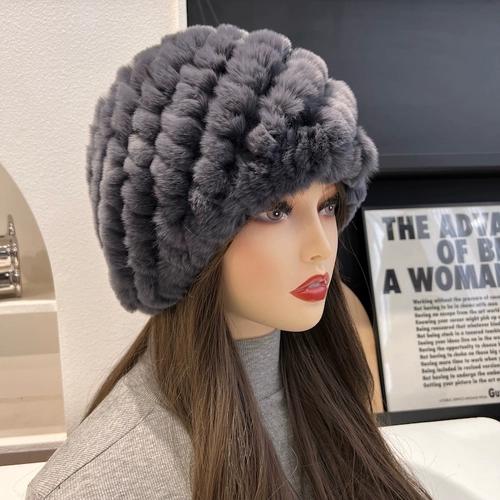Real Rex Rabbit Hair Hat Women's Thickened Hair Hat Fur Cold Warm Ear Protection Plush Knitted Hat Baotou Hat Autumn and Winter