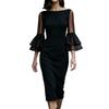 Abito midi aderente da donna 2026, trasparente, off-shoulder, a doppio strato, con maniche a campana e dettaglio a balze