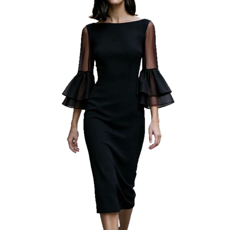 Abito midi aderente da donna 2026, trasparente, off-shoulder, a doppio strato, con maniche a campana e dettaglio a balze