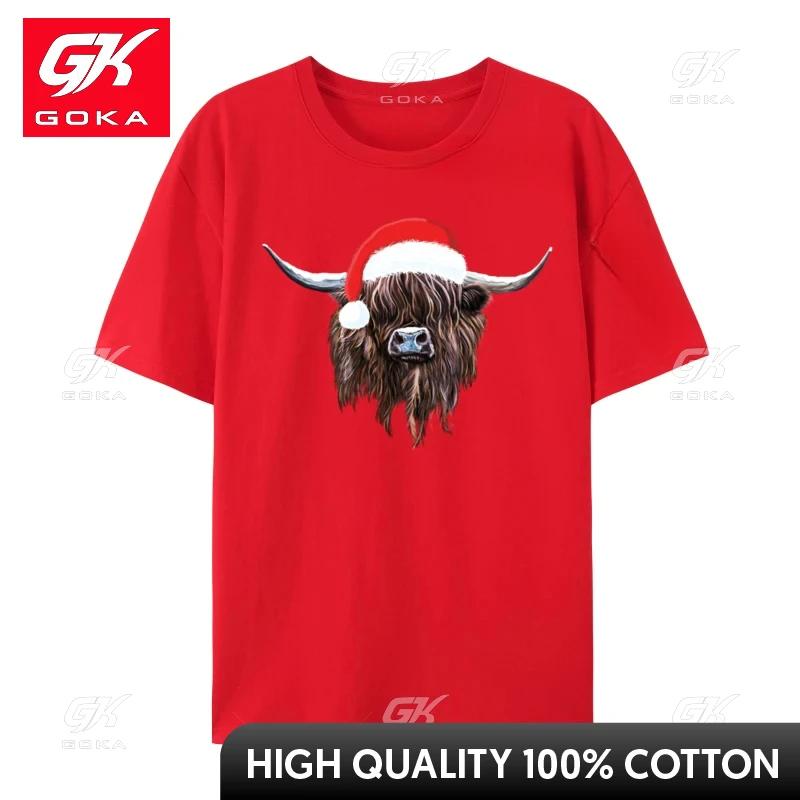 Scottish Highland Cow Christmas Santa Hat Tshirt Japanese Anime Funny Tshirt 100 Percent Cotton Graphic 3d Print S