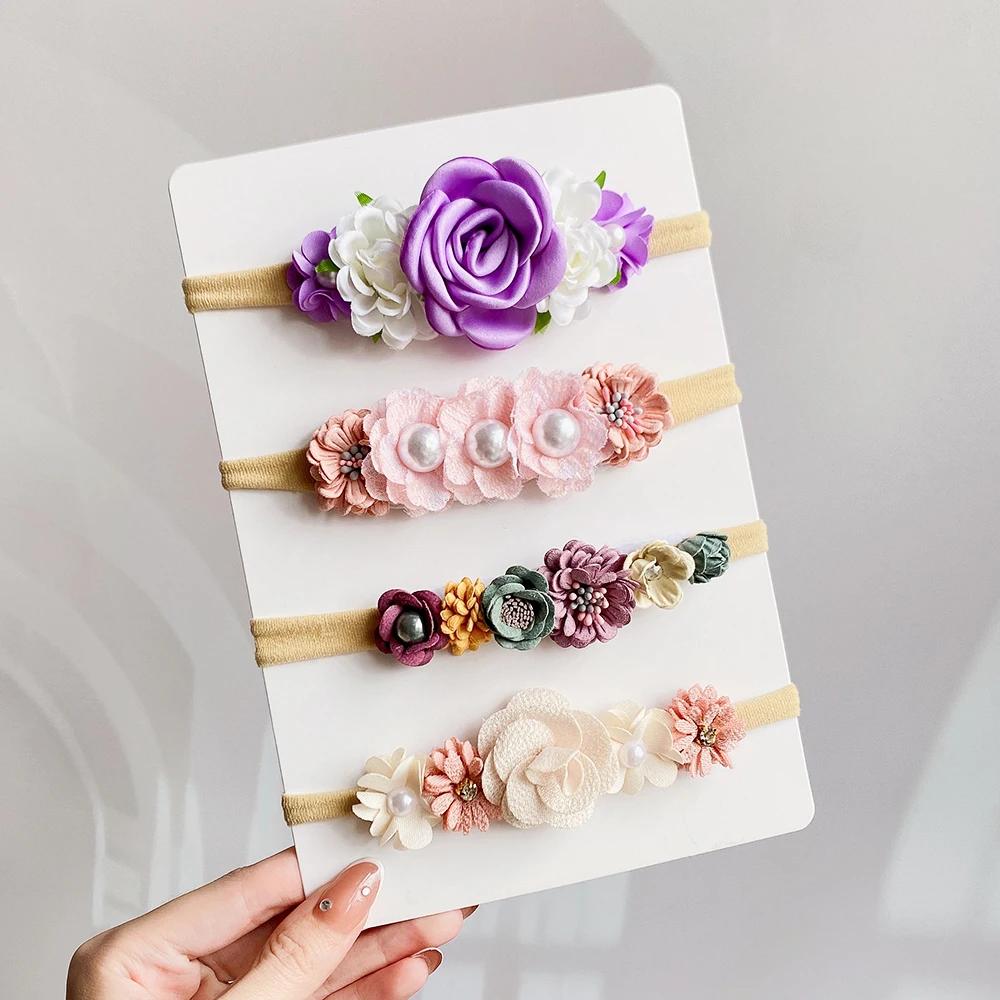 3/4Pcs Artificial Flower Headband for Kids Baby Girls Hair Band Set Floral Newborn Toddler Elastic Nylon Headwear Accessories